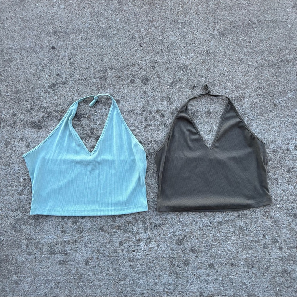 SHEIN Halter Neck 2pc Crop Tops - Light Sage & Dark Sage